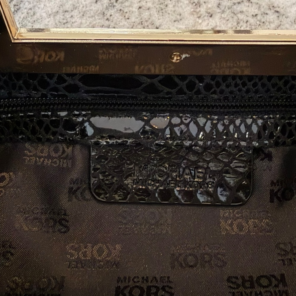 Michael Kors Berkley Clutch Bag Black Snakeskin Leather Square Gold Handle - Picture 6 of 7